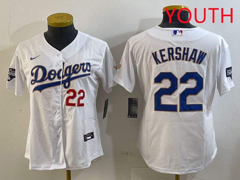Youth Los Angeles Dodgers #22 Kershaw White Gold Game 2025 Nike MLB Jersey style 8->youth mlb jersey->Youth Jersey